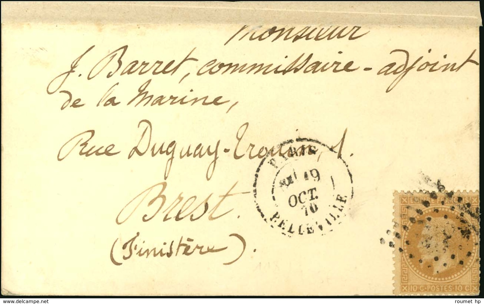 GC 432 / N° 28 Càd PARIS / BELLEVILLE 19 OCT. 70 Sur Carte Pour Brest Sans Càd D'arrivée. LE GARIBALDI Probable. - TB. - War 1870