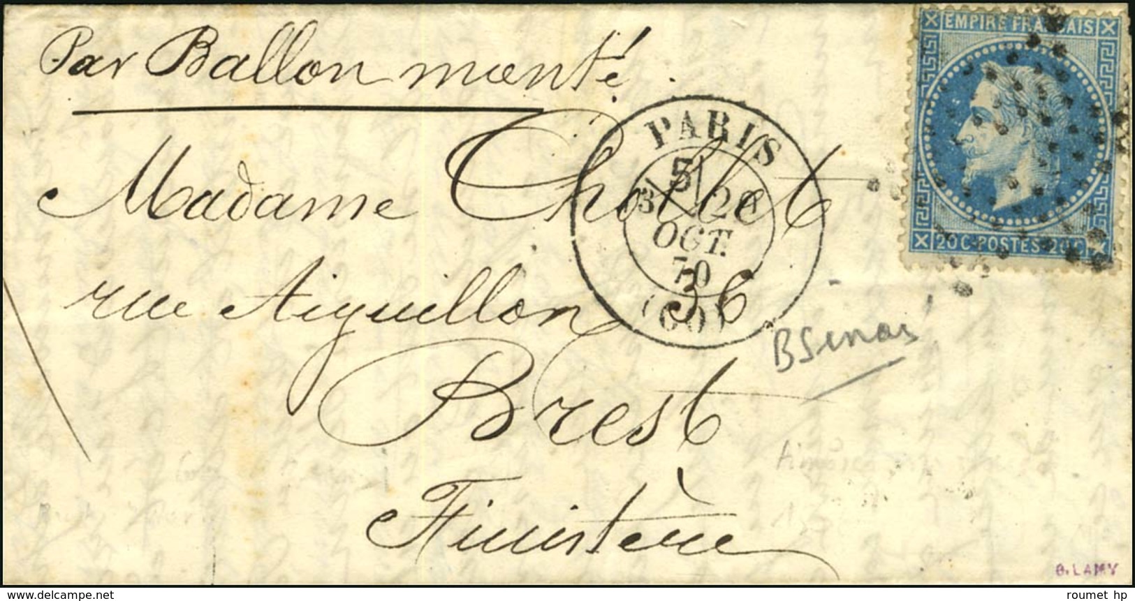 Etoile évidée / N° 29 (variété Fausse Aux Abeilles) Càd PARIS (60) 20 OCT. 70 Sur Lettre Pour Brest. Au Verso, Càd D'arr - War 1870