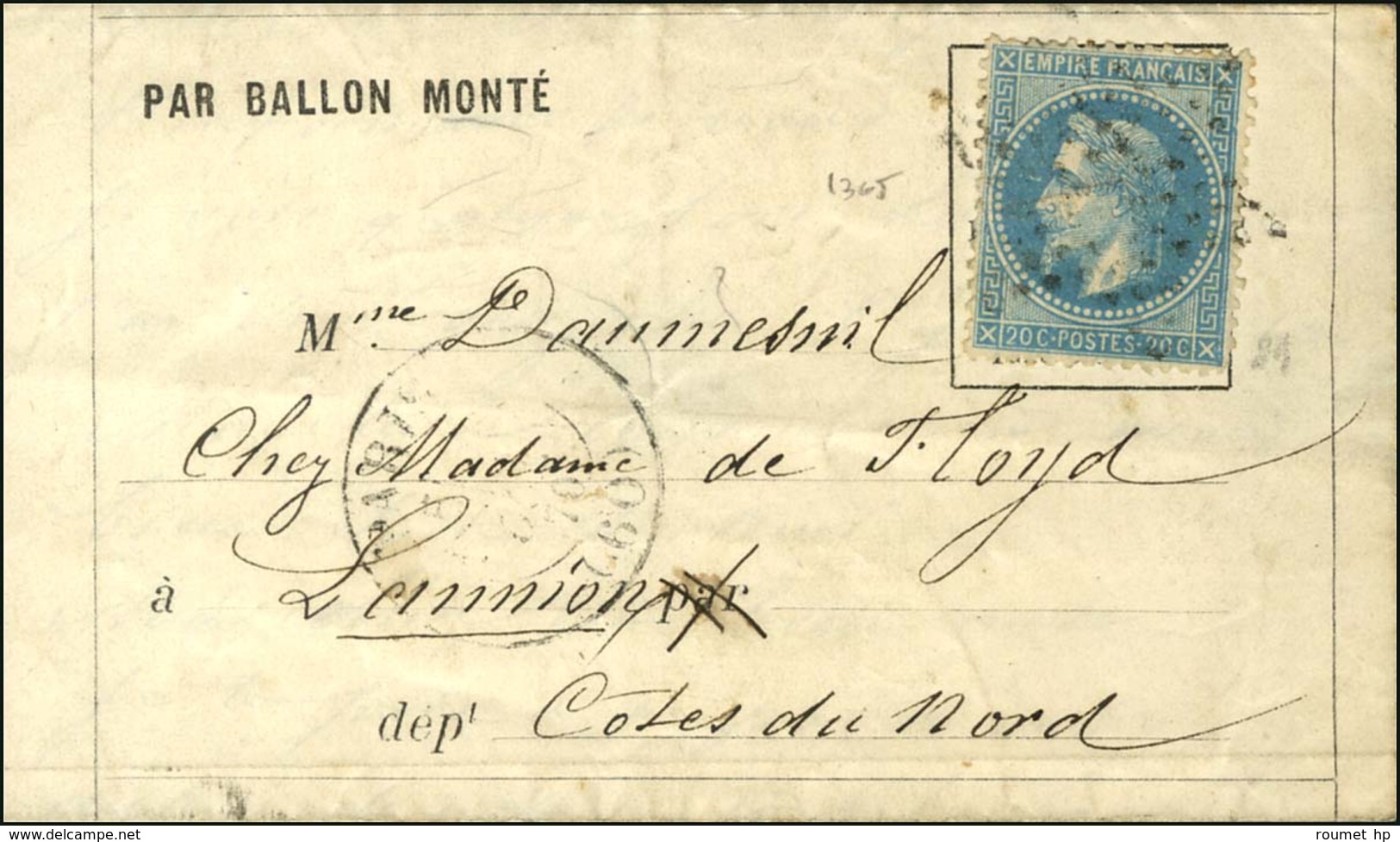 Etoile / N° 29 Càd PARIS (60) 26 OCT. 70 Sur Lettre PAR BALLON MONTE Pour Lannion. Au Verso, Càd D'arrivée 2 NOV. 70. LE - War 1870