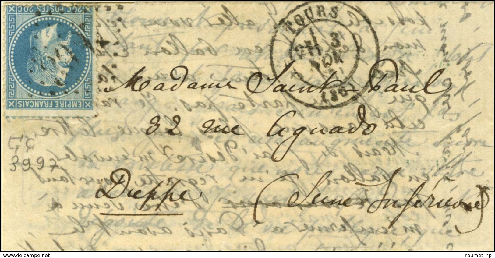Lettre Avec Très Bon Texte Daté De Paris Le 1 Novembre 1870 Pour Dieppe, Au Recto GC 3997 / N° 29 Càd TOURS (36) 3 NOV.  - War 1870