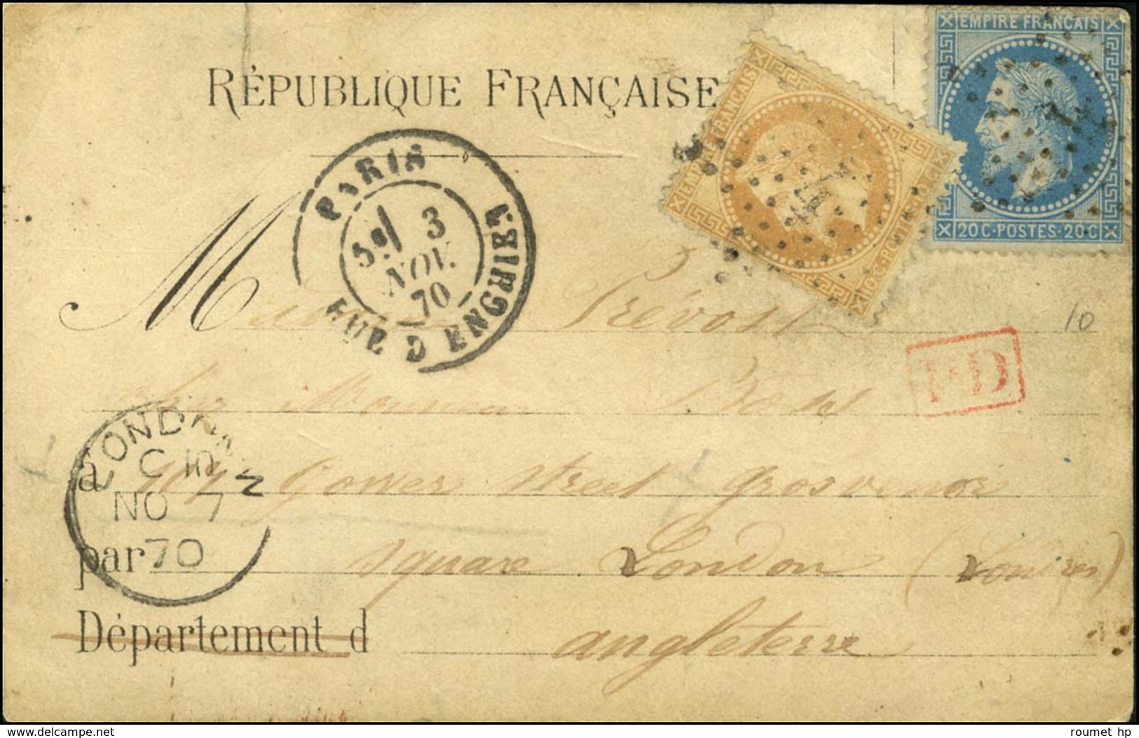 Etoile 4 / N° 28 + 29 Càd PARIS / RUE D'ENGHIEN 3 NOV. 70 Sur Carte REPUBLIQUE FRANCAISE , Au Recto CORRESPONDANCE AERIE - Guerre De 1870