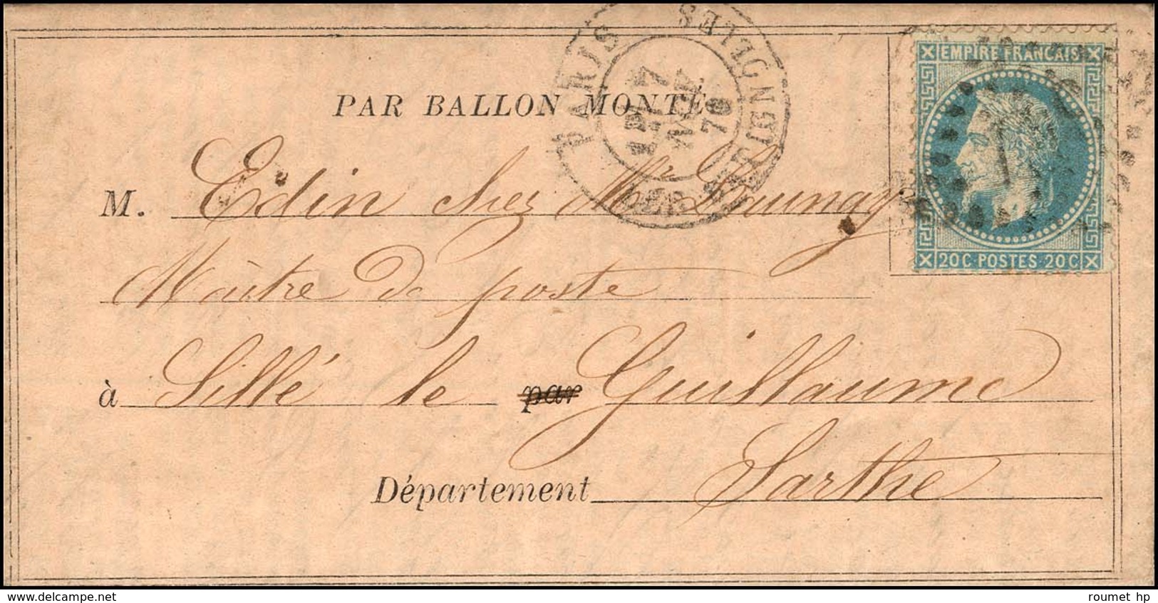 GC 347 / N° 29 Càd PARIS / LES BATIGNOLLES 7 NOV. 70 Sur Ballon Poste N° 1 (saumon) Pour Sillé Le Guillaume, Càd D’arriv - Krieg 1870