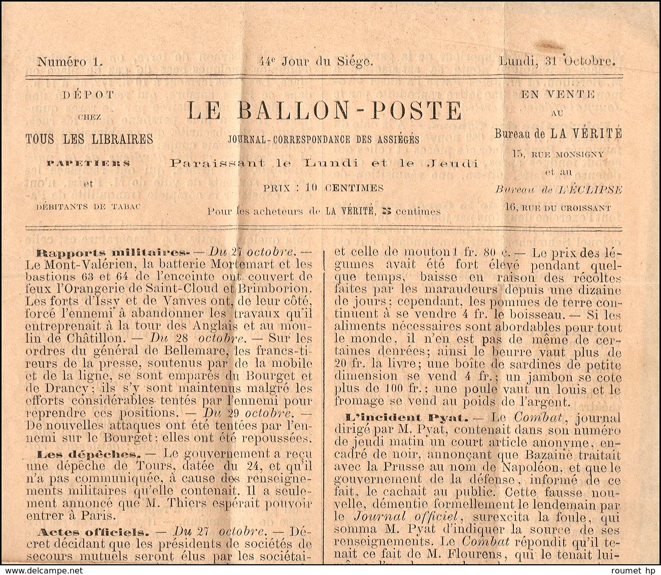 GC 347 / N° 29 Càd PARIS / LES BATIGNOLLES 7 NOV. 70 Sur Ballon Poste N° 1 (saumon) Pour Sillé Le Guillaume, Càd D’arriv - Krieg 1870