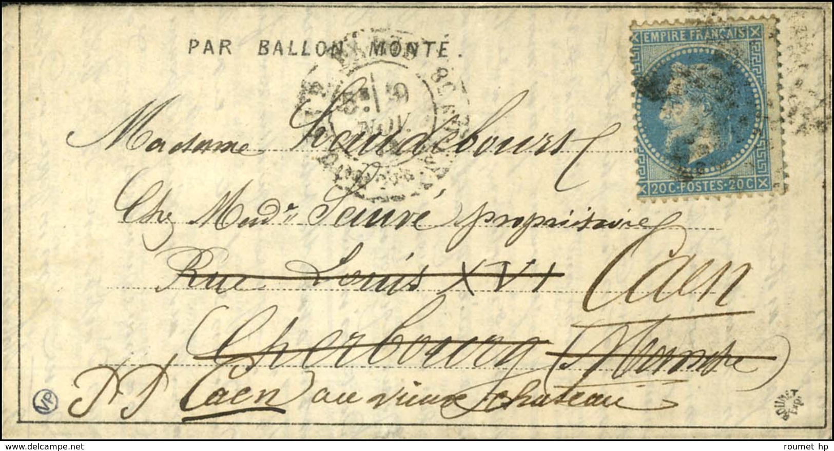Etoile 20 / N° 29 Càd PARIS / R. St DOMque St Gn 58 9 NOV. 70 Sur Dépêche-Ballon N° 4 Pour Cherbourg Réexpédiée à Caen,  - Guerre De 1870