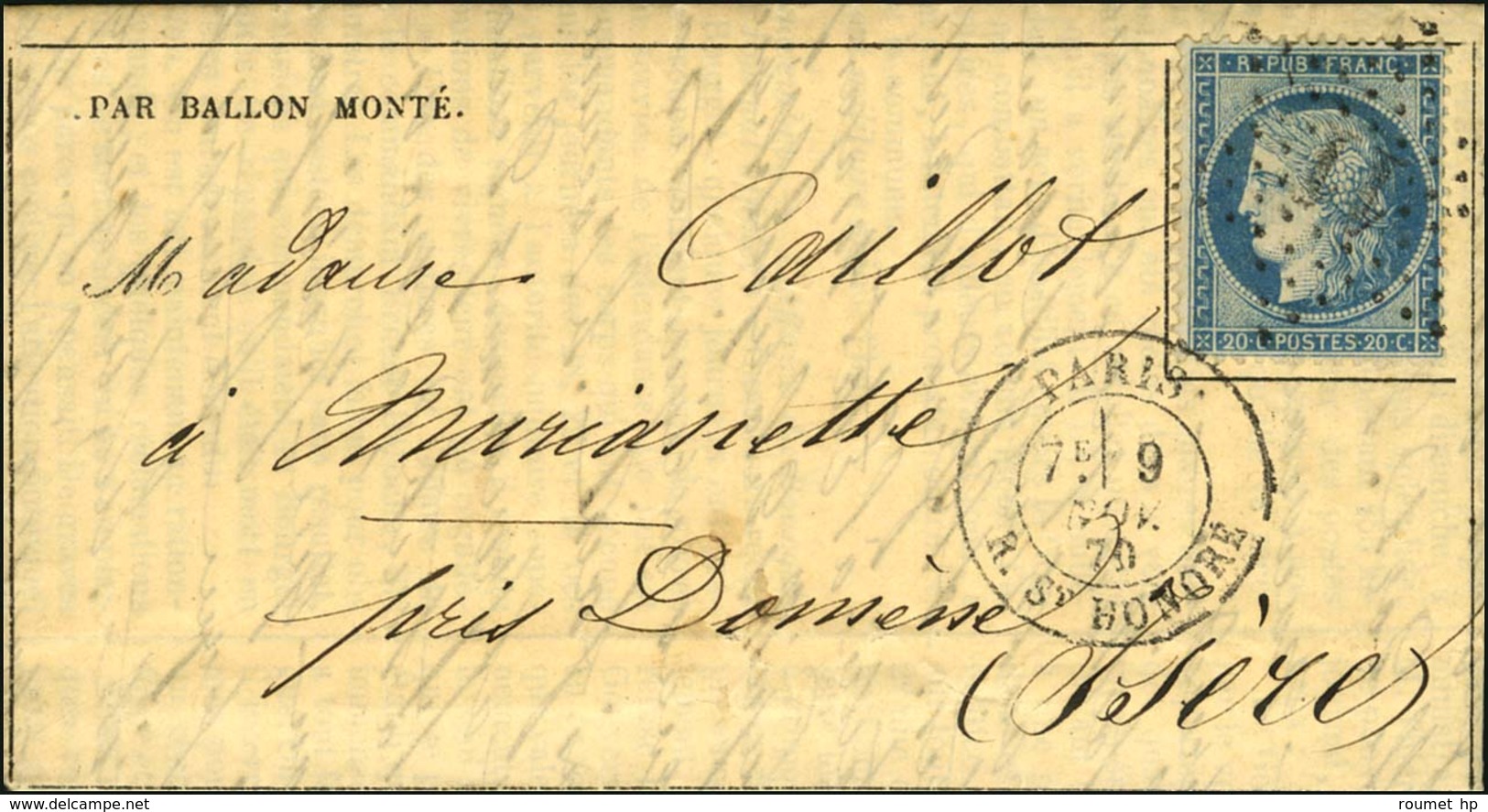 Etoile 11 / N° 37 Càd PARIS / R. ST HONORE 9 NOV. 70 Sur Gazette Des Absents N° 6 Pour Murianette Près Domène (Isère). A - Guerre De 1870