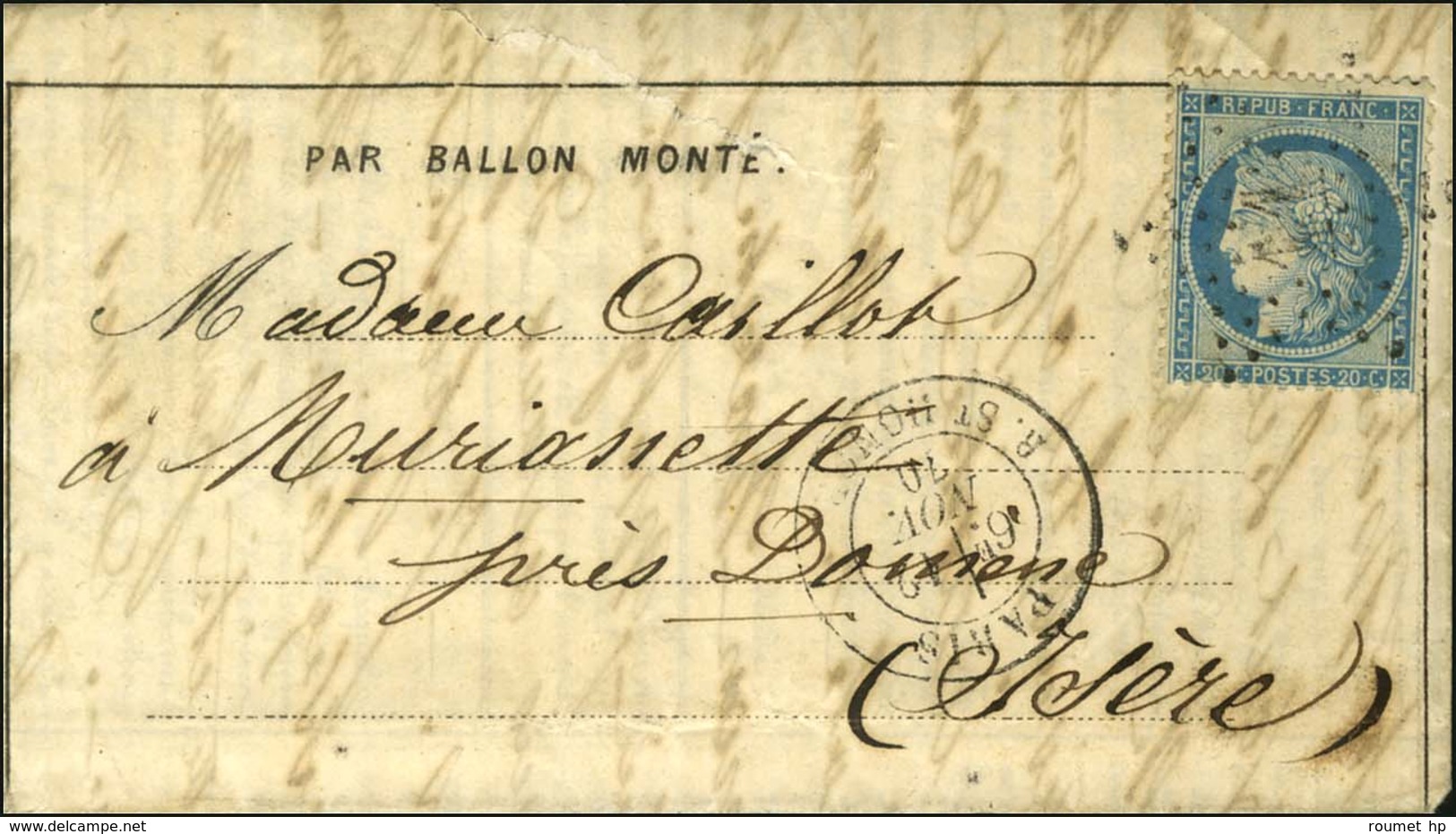 Etoile 11 / N° 37 Càd PARIS / R. ST HONORE 12 NOV. 70 6e Levée Sur Dépêche Ballon N° 5 Pour Murianette Près Domène (Isèr - Guerre De 1870