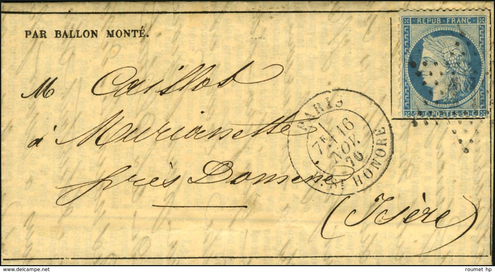 Etoile 11 / N° 37 Càd PARIS / R. ST HONORE 16 NOV. 70 Sur Gazette Des Absents N° 8 Pour Murianette Près Domène (Isère).  - Guerre De 1870