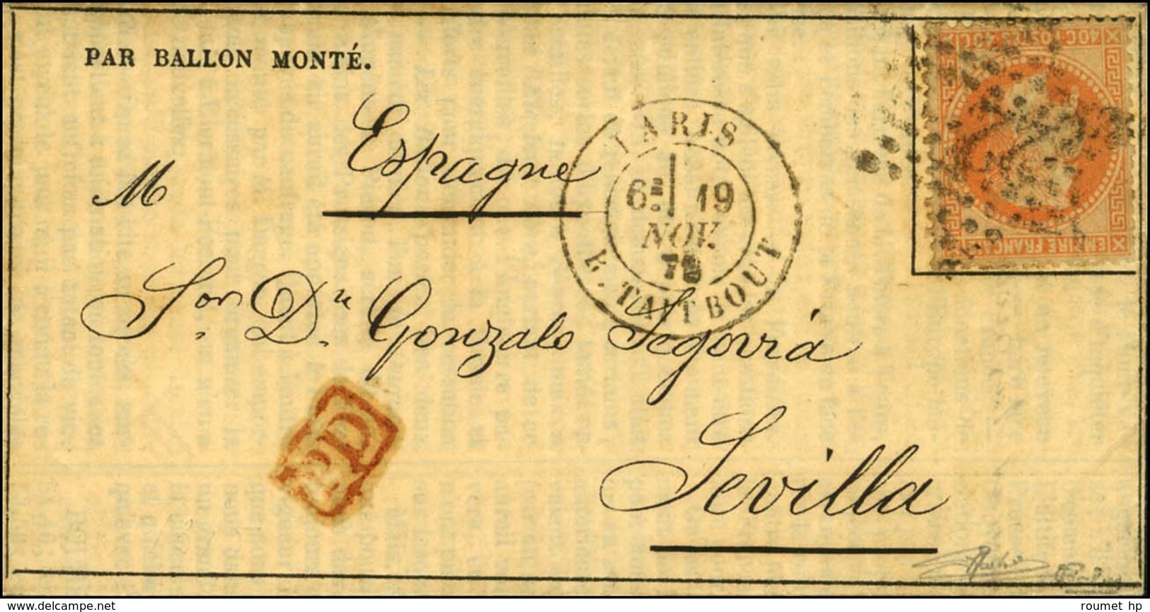 Etoile 22 / N° 31 Càd PARIS / R. TAITBOUT 19 NOV. 70 Sur Gazette Des Absents N° 9 Adressée à Séville. Au Verso, Càd D'ar - Guerra Del 1870