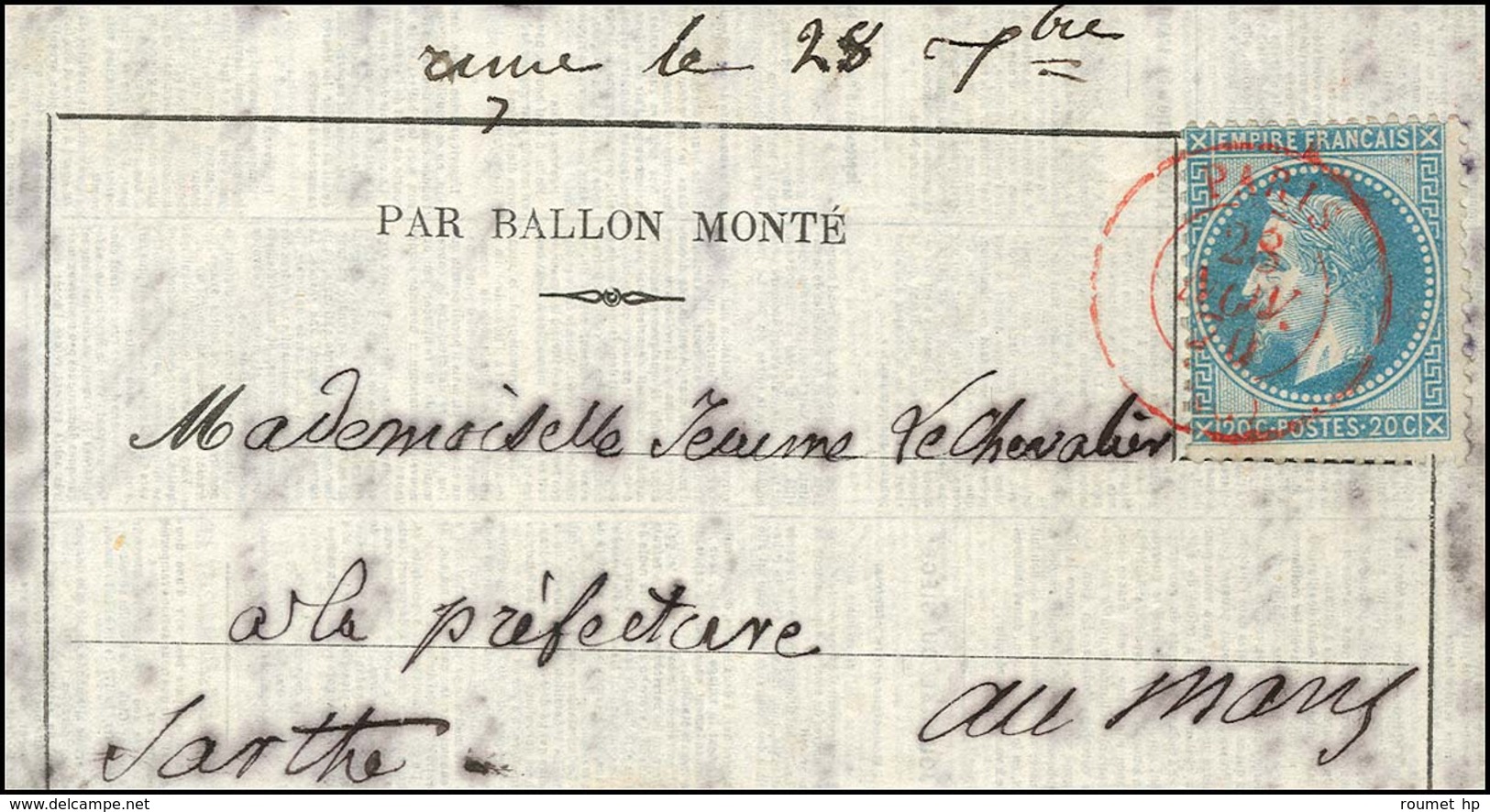 Càd Rouge PARIS (SC) 28 NOV. 70 / N° 29 Sur Journal La Cloche (accidenté) Pour Le Mans, Càd D'arrivée 27 DEC. 70. LE JAC - Guerra Del 1870