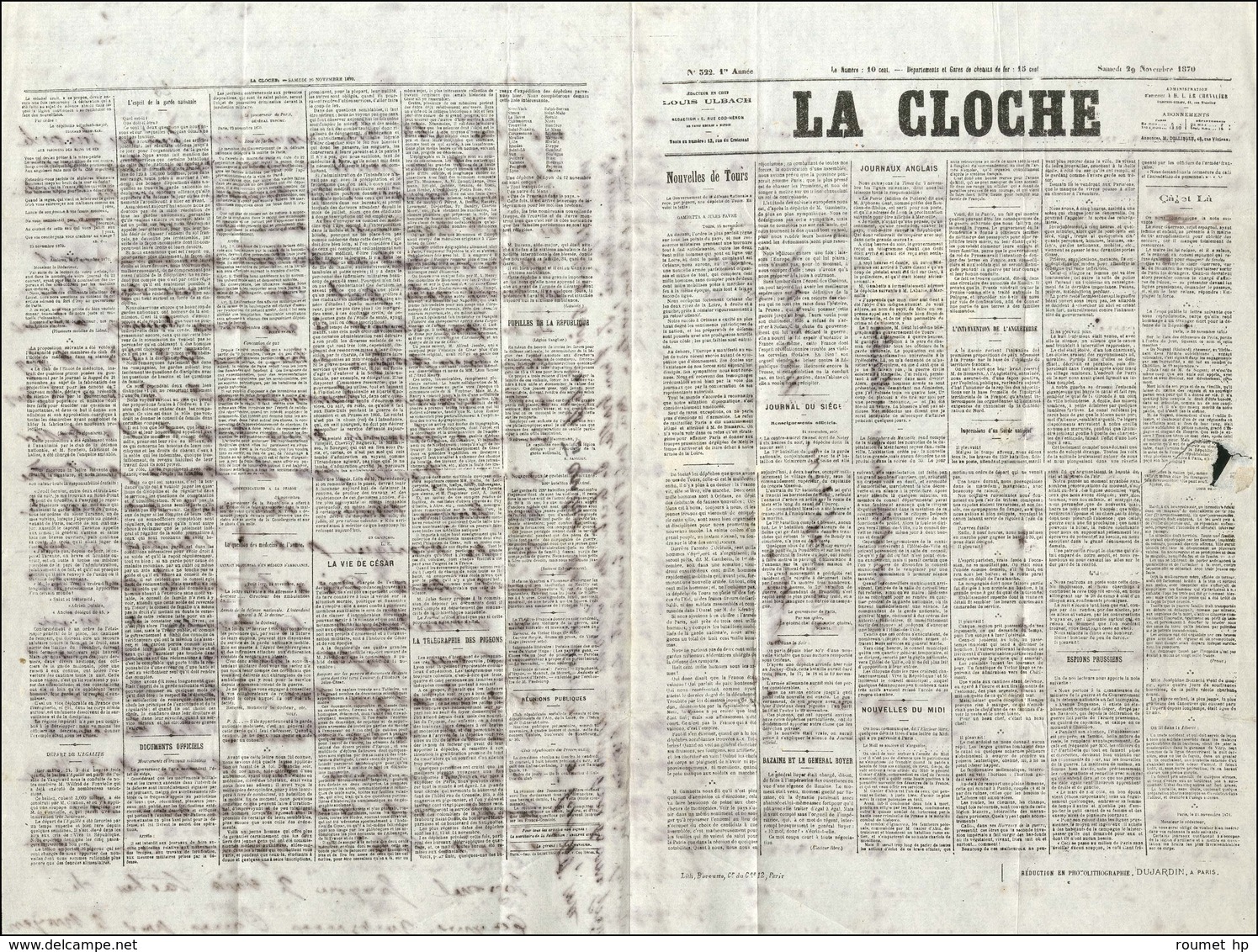Càd Rouge PARIS (SC) 28 NOV. 70 / N° 29 Sur Journal La Cloche (accidenté) Pour Le Mans, Càd D'arrivée 27 DEC. 70. LE JAC - Guerre De 1870