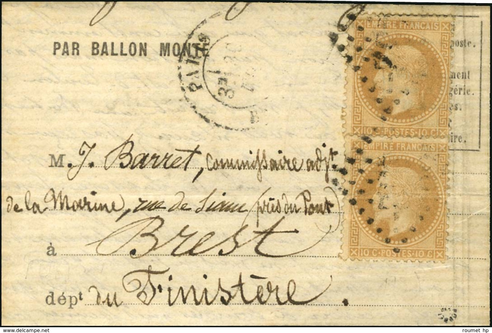 GC 432 / N° 28 (2) Càd PARIS / BELLEVILLE 30 NOV. 70 Sur Lettre PAR BALLON MONTE Pour Brest Sans Càd D'arrivée. LE JULES - Guerra Del 1870