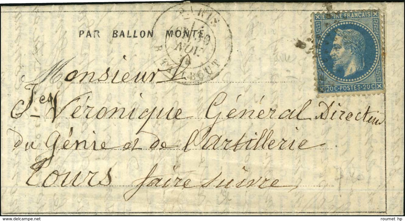 Etoile 22 / N° 29 Càd PARIS / R. TAITBOUT 30 NOV. 70 Sur Dépêche Ballon N° 10 Adressée Au Général Véronique à Tours, Au  - Guerre De 1870