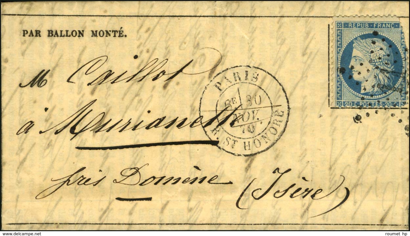 Etoile 11 / N° 37 (def) Càd PARIS / R. ST HONORE 30 NOV. 70 Sur Gazette Des Absents N° 12 Pour Murianette Près Domène (I - War 1870