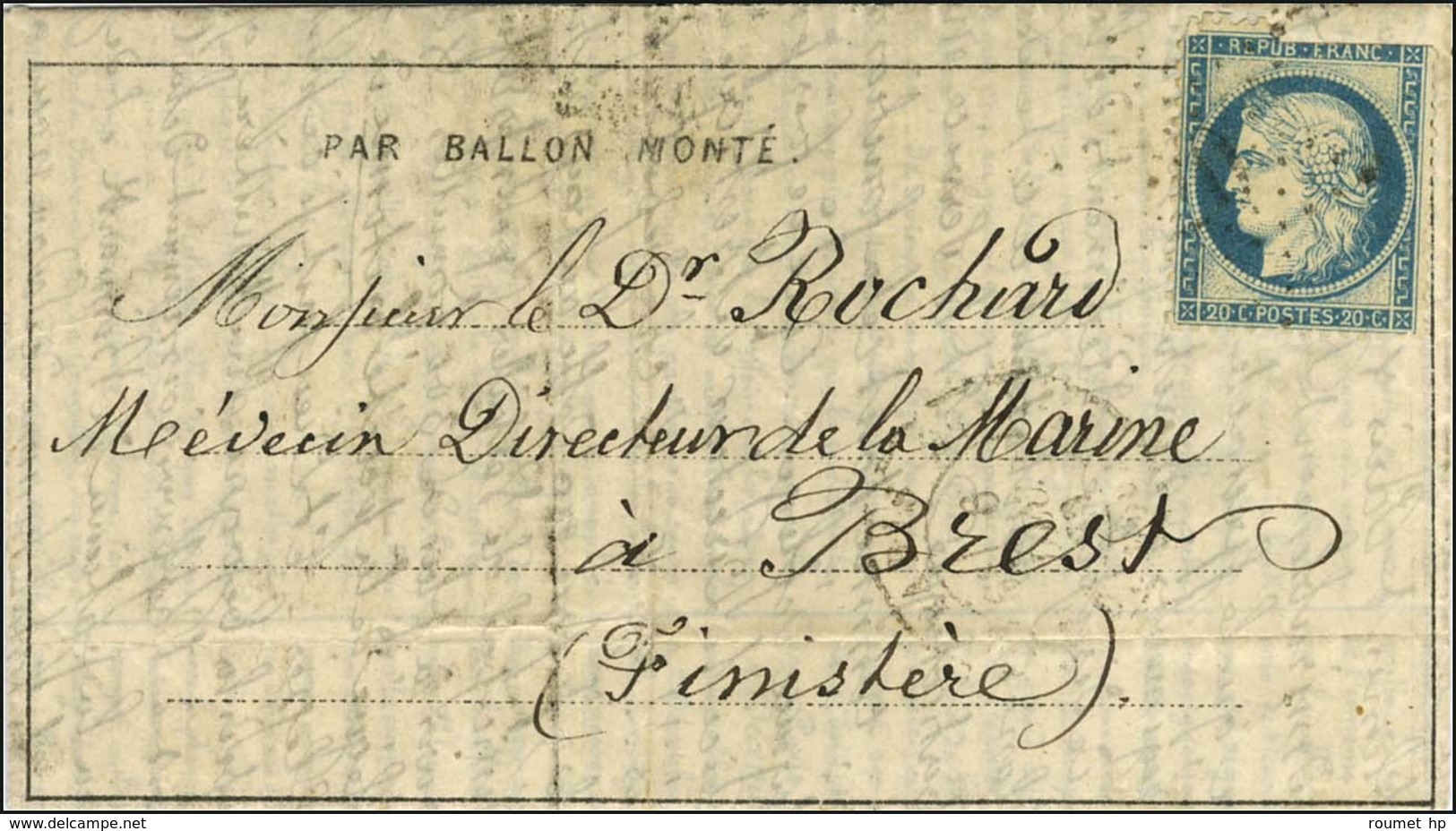 Etoile 20 / N° 37 (def) Càd PARIS / R. ST DOMque ST GN N° 56 6 DEC. 70 Sur Dépêche Ballon N° 12 Pour Brest. Au Verso, Cà - Guerre De 1870