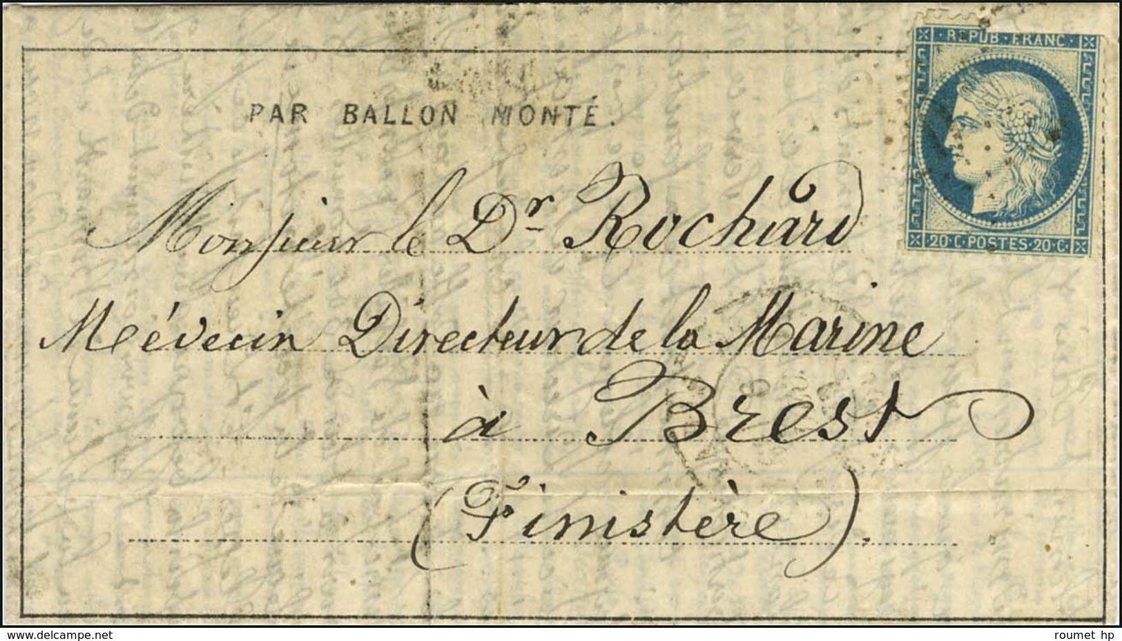 Etoile 20 / N° 37 (def) Càd PARIS / R. ST DOMque ST GN N° 56 6 DEC. 70 Sur Dépêche Ballon N° 12 Pour Brest. Au Verso, Cà - Krieg 1870