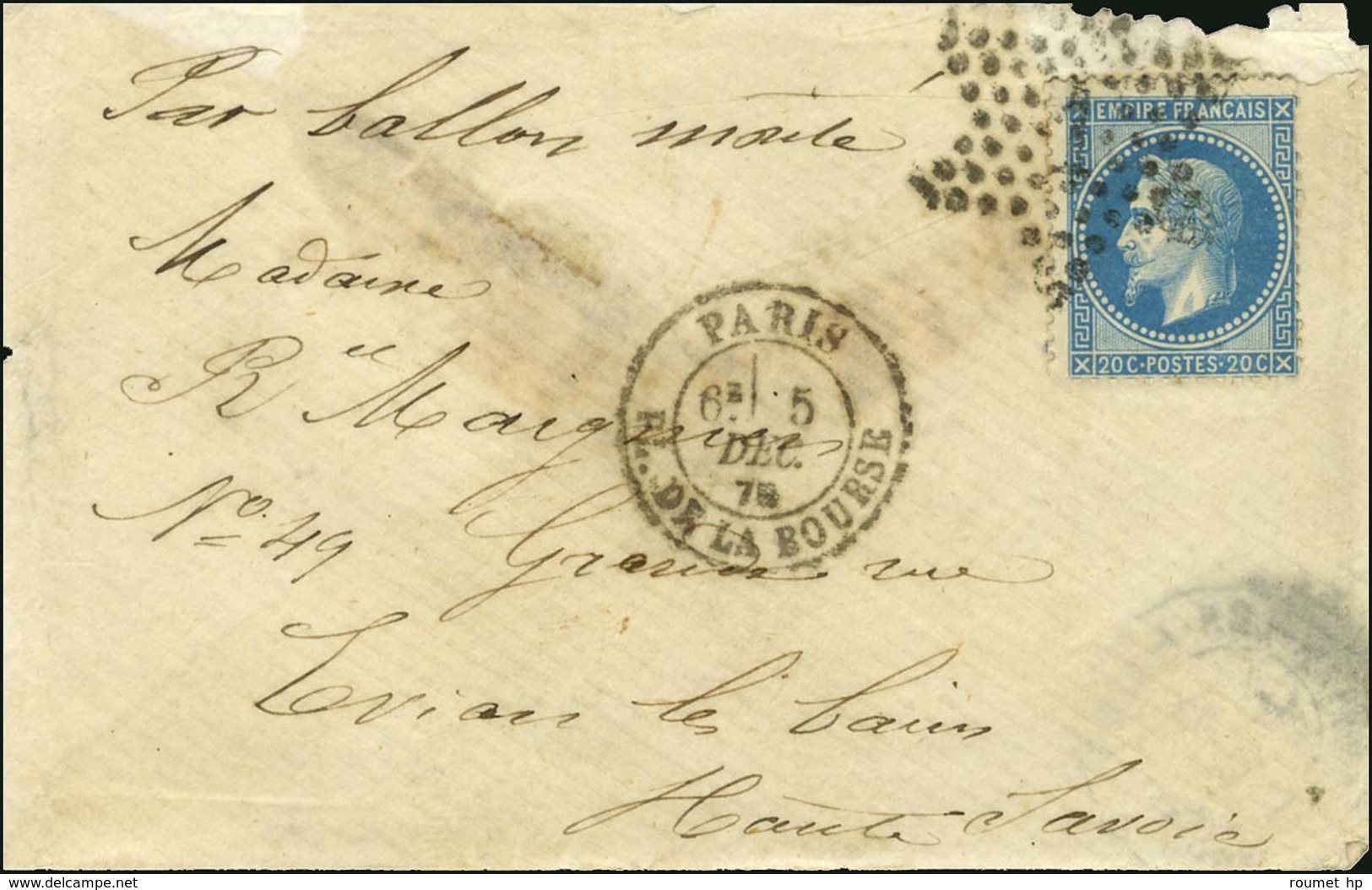 Etoile 1 / N° 29 Càd PARIS / PL. DE LA BOURSE 5 DEC. 70 Sur Enveloppe Contenant Le Ballon-Poste N° 9 Du Jeudi 1er Décemb - Guerre De 1870