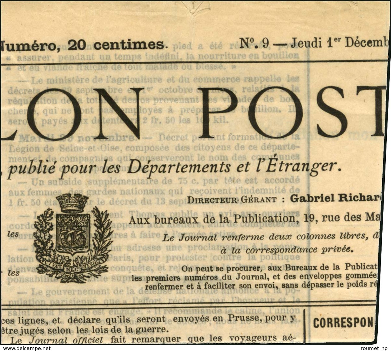 Etoile 1 / N° 29 Càd PARIS / PL. DE LA BOURSE 5 DEC. 70 Sur Enveloppe Contenant Le Ballon-Poste N° 9 Du Jeudi 1er Décemb - Krieg 1870