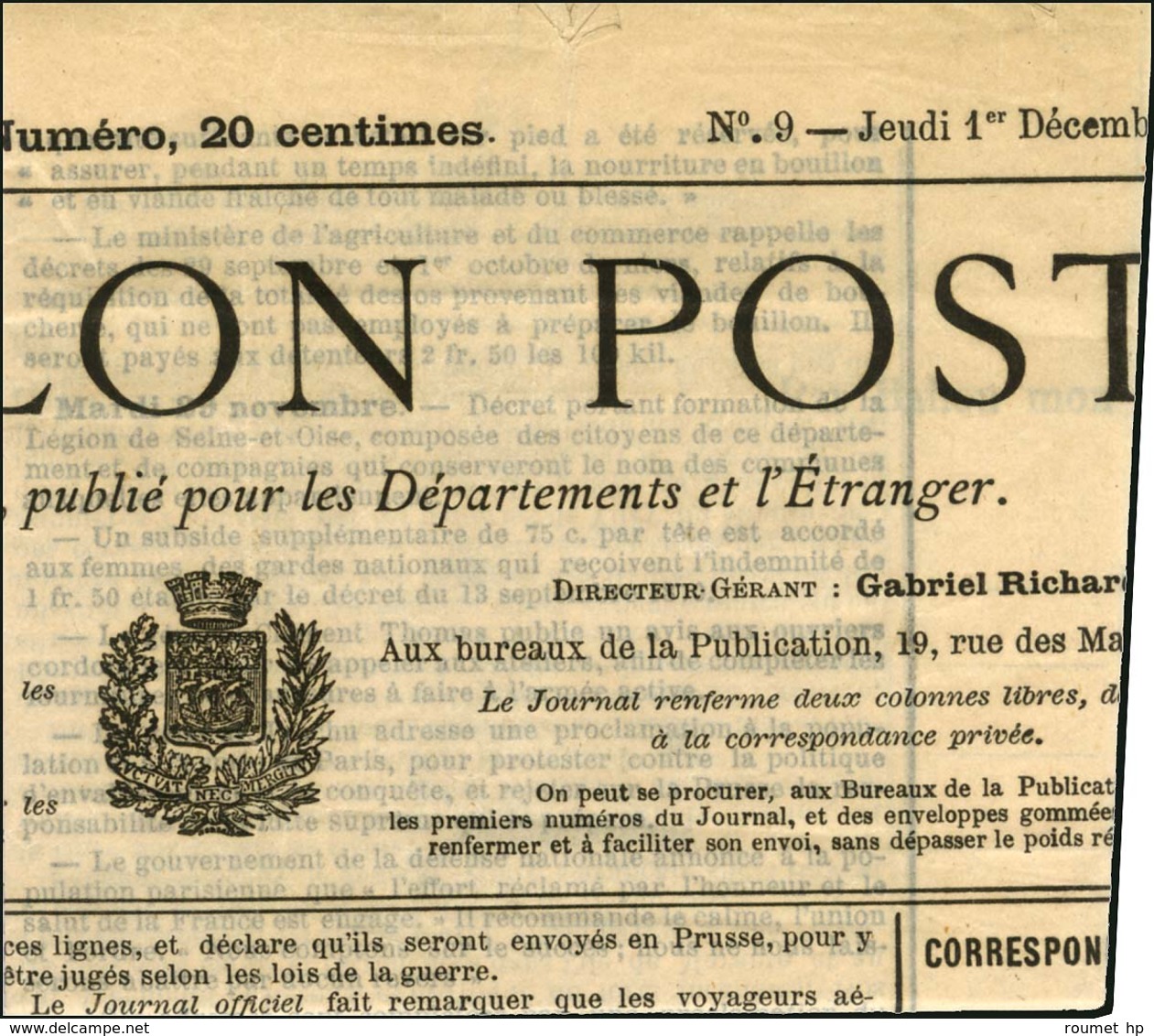 Etoile 1 / N° 29 Càd PARIS / PL. DE LA BOURSE 5 DEC. 70 Sur Enveloppe Contenant Le Ballon-Poste N° 9 Du Jeudi 1er Décemb - Guerre De 1870