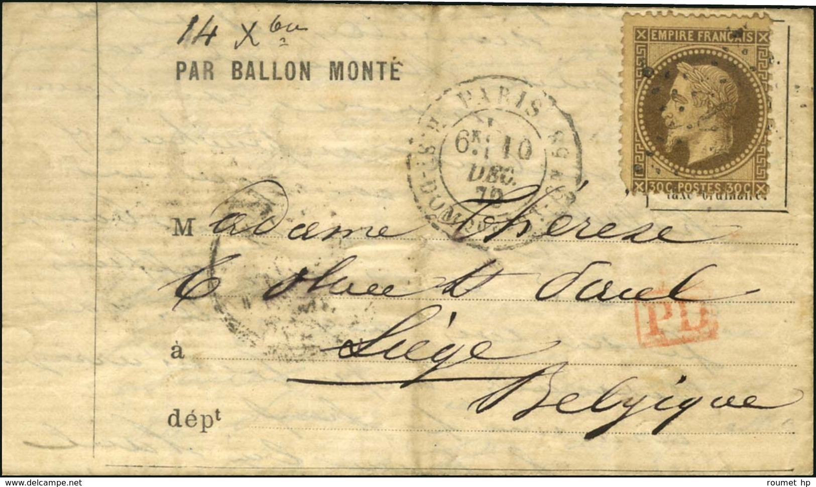 Etoile 20 / N° 31 Càd PARIS / R. St DOMque St Gn 58 Sur Lettre PAR BALLON MONTE Pour Liège, Au Verso Càd D'arrivée 14 DE - War 1870