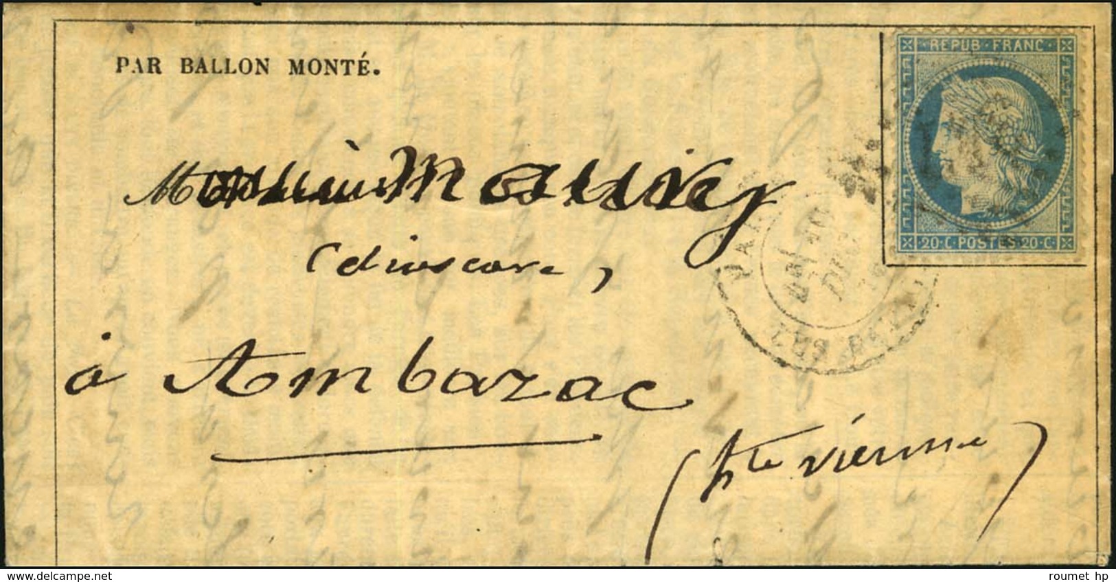 GC 347 / N° 37 Càd PARIS / LES BATIGNOLES 10 DEC. 70 4e Levée Sur Gazette Des Absents N° 15 Pour Ambazac (Haute Vienne). - Krieg 1870