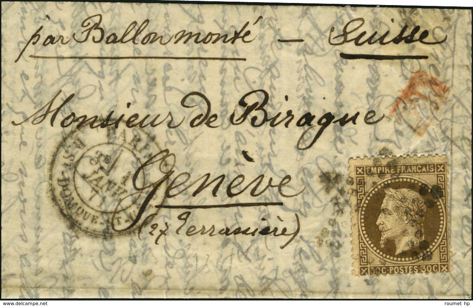 Etoile 20 / N° 30 Càd PARIS / R. St DOMque St Gn 58 1 JANV. 71 Sur Lettre Pour Genève, Au Verso Càd D'arrivée 15 JANV. 7 - War 1870