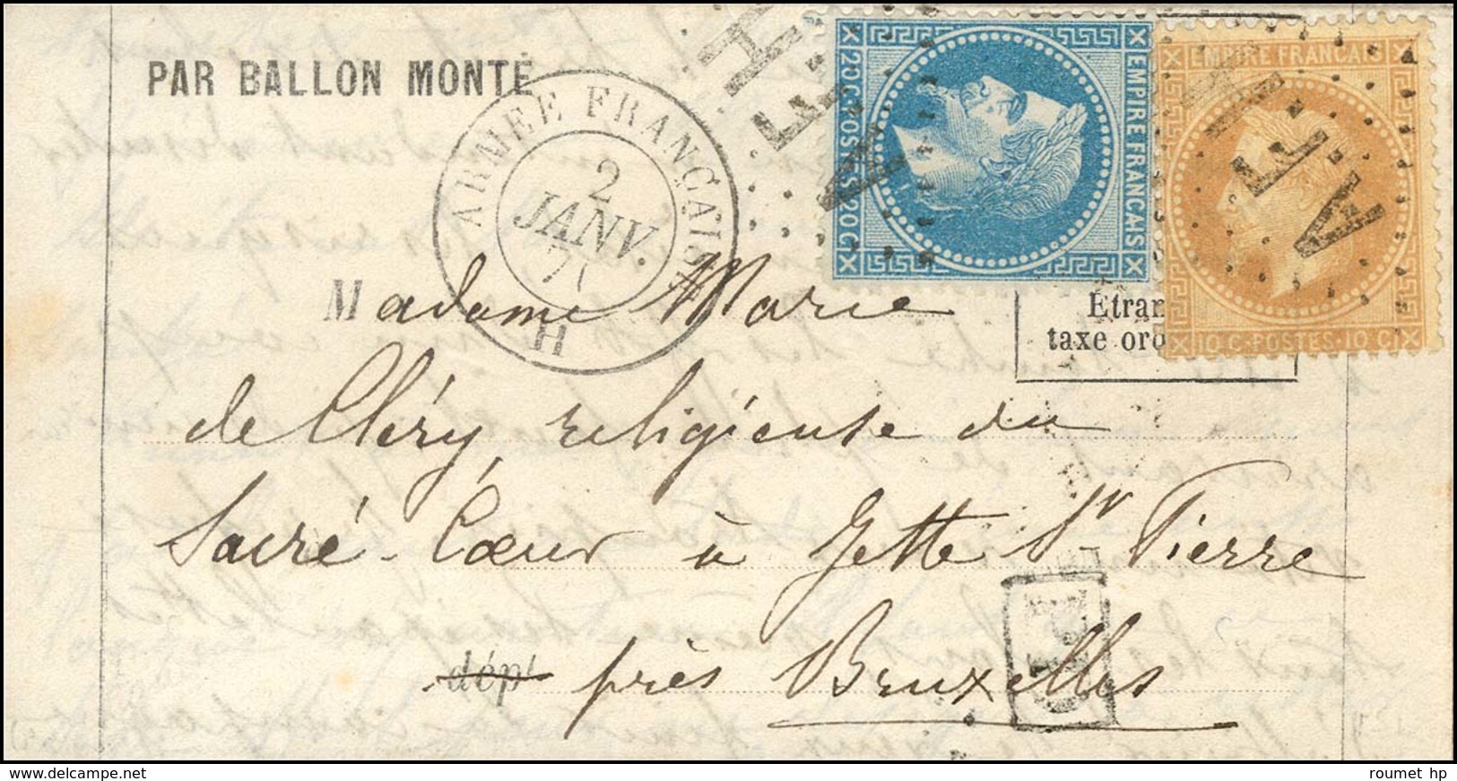 Losange A.F.H / N° 28 + 29 Càd ARMEE FRANCAISE / H 2 JANV. 71 Sur Lettre Pour La Belgique. Càd D'arrivée BRUXELLES 13 JA - Guerra Del 1870