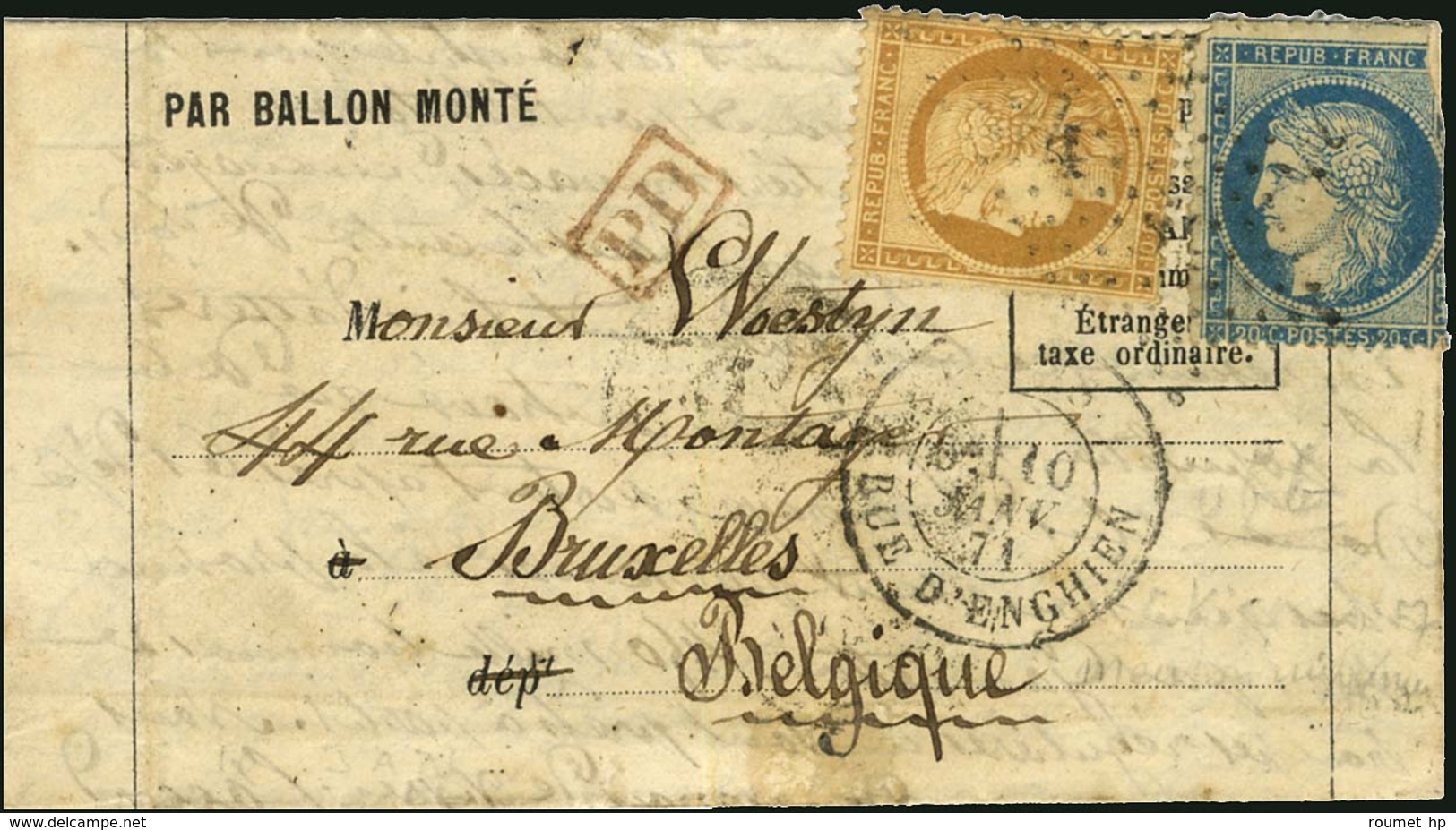 Etoile 4 / N° 36 + 37 (def) Càd PARIS / RUE D'ENGHIEN 10 JANV. 71 Sur Lettre PAR BALLON MONTE Pour Bruxelles. Au Verso,  - War 1870
