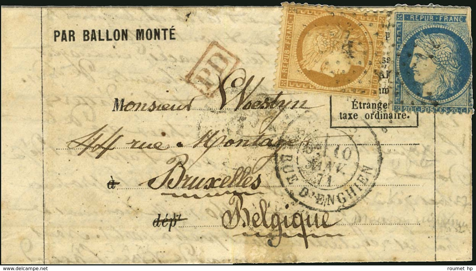 Etoile 4 / N° 36 + 37 (def) Càd PARIS / RUE D'ENGHIEN 10 JANV. 71 Sur Lettre PAR BALLON MONTE Pour Bruxelles. Au Verso,  - Guerre De 1870