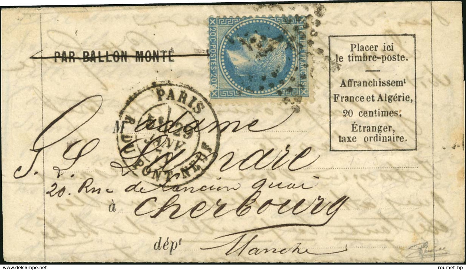 Etoile 17 / N° 29 Càd PARIS / R. DU PONT NEUF 29 JANV. 71 Sur Lettre PAR BALLON MONTE (rayé) Pour Cherbourg Sans Càd D'a - Guerre De 1870