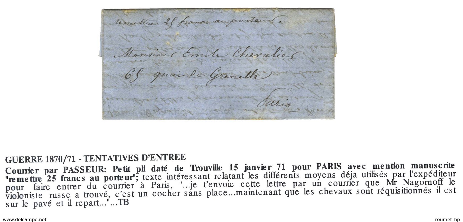 Lettre Avec Texte Daté De Trouville Le 15 Janvier 1871 Pour Paris Acheminée Par Passeur. Au Recto, Mention Manuscrite '' - Guerre De 1870