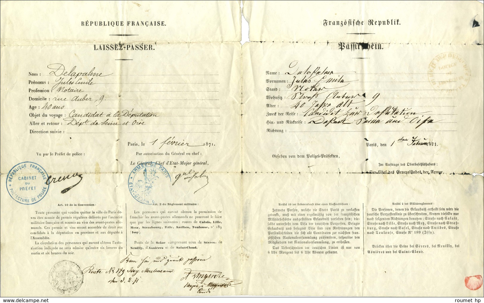 Càd RC PARIS RC (60) 1 FEVR. 71 Taxe 15 DT Pleine Sur Laissez-passer Adressé Localement, Au Recto Grand Cachet Rouge CAB - Guerre De 1870