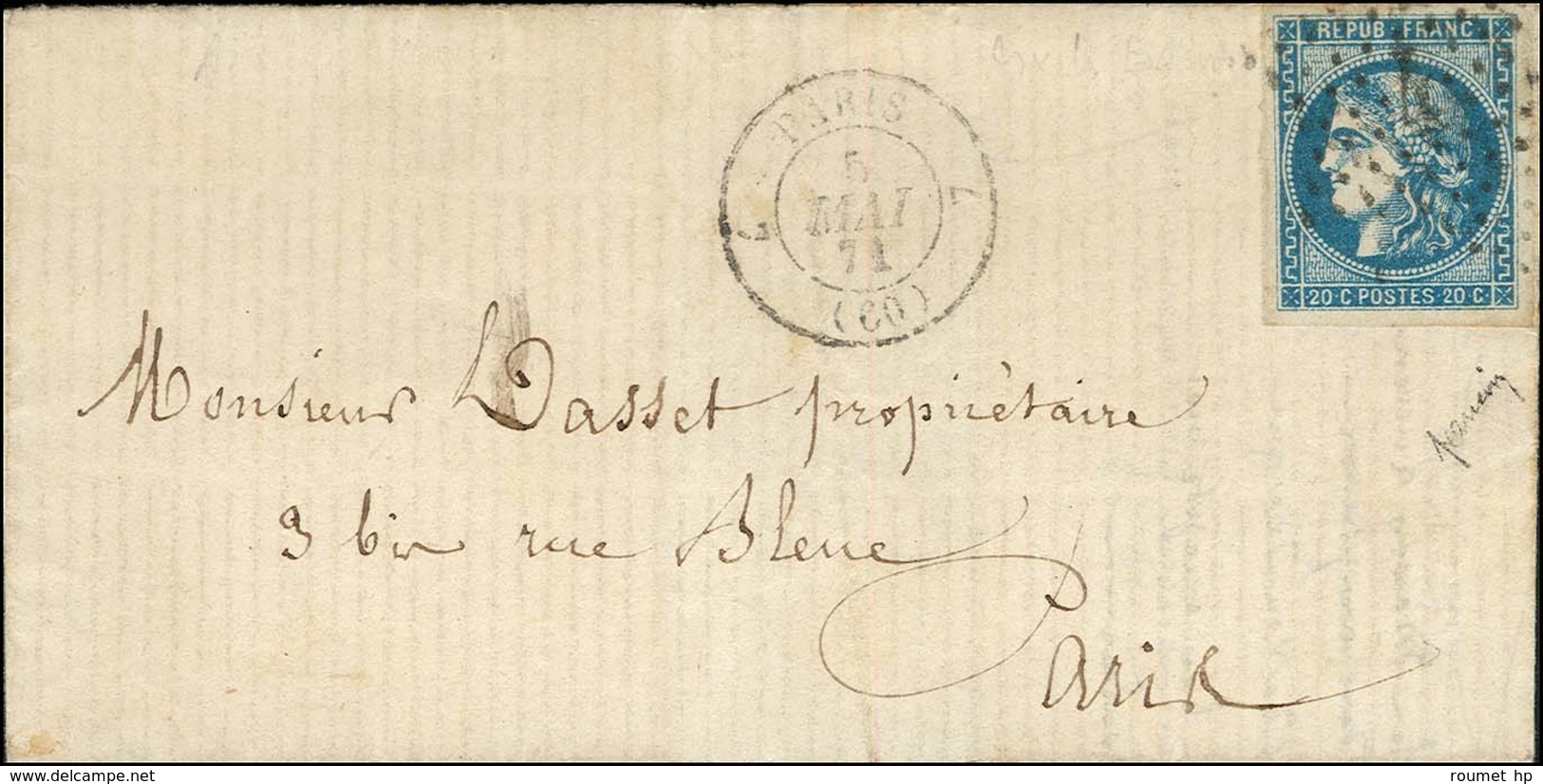 Etoile 4 / N° 46 Càd 7 PARIS 7 (60) 5 MAI 71 Sur Lettre Avec Texte D'Aix-les-Bains, Acheminée Par Passeur Privé Et Remis - Guerre De 1870