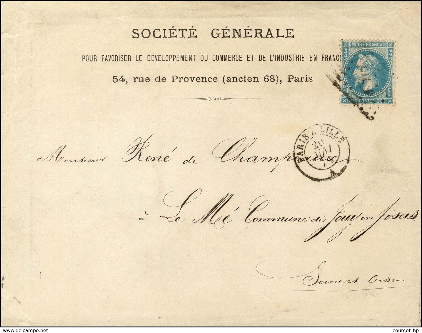 Enveloppe à En-tête Imprimé De La Société Générale Avec Texte Daté De Paris Le 20 Mai 1871 Pour Jouy En Josas, Losange A - Krieg 1870