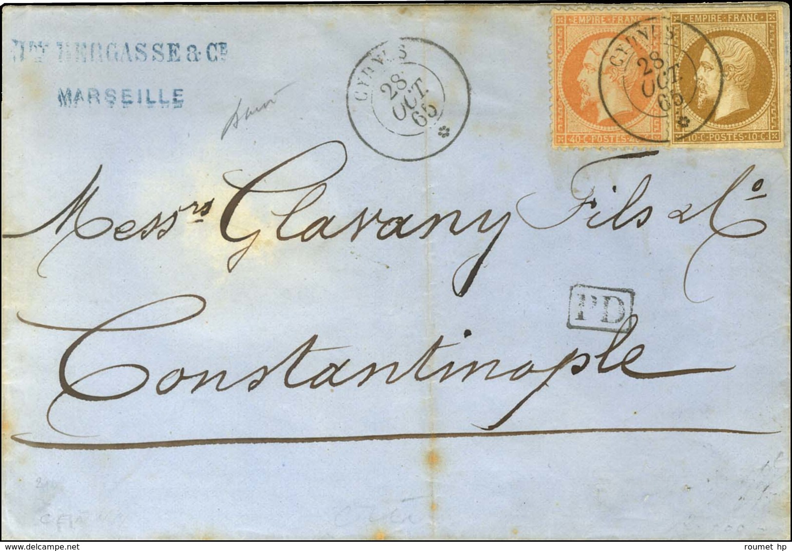 Càd CYDNUS / * 28 OCT. 65 / N° 13 Type II + 23 Sur Lettre De Marseille Pour Constantinople. Exceptionnelle Combinaison.  - Schiffspost