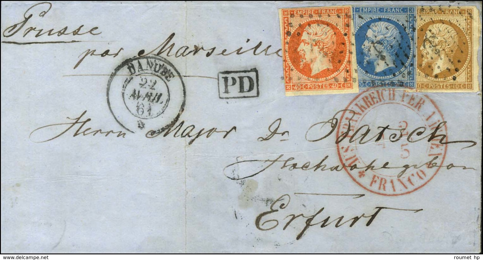 Ancre / N° 13 + 14 + 16 (filet Effleuré) Càd DANUBE / * 22 AVRIL 61 Sur Lettre Pour Erfurt. Exceptionnelle Combinaison.  - Correo Marítimo