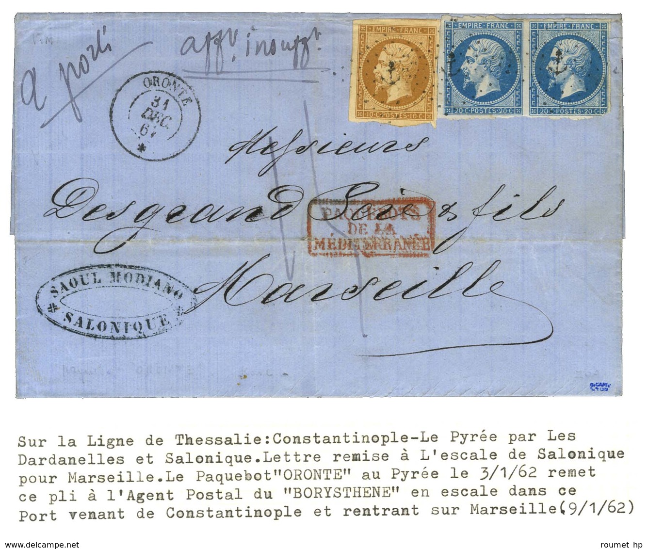 Ancre / N° 13 + 14 Paire (1 Ex. Pd) Càd ORONTE / * 31 DEC. 61 Sur Lettre 2 Ports Insuffisamment Affranchie Avec Texte Da - Posta Marittima