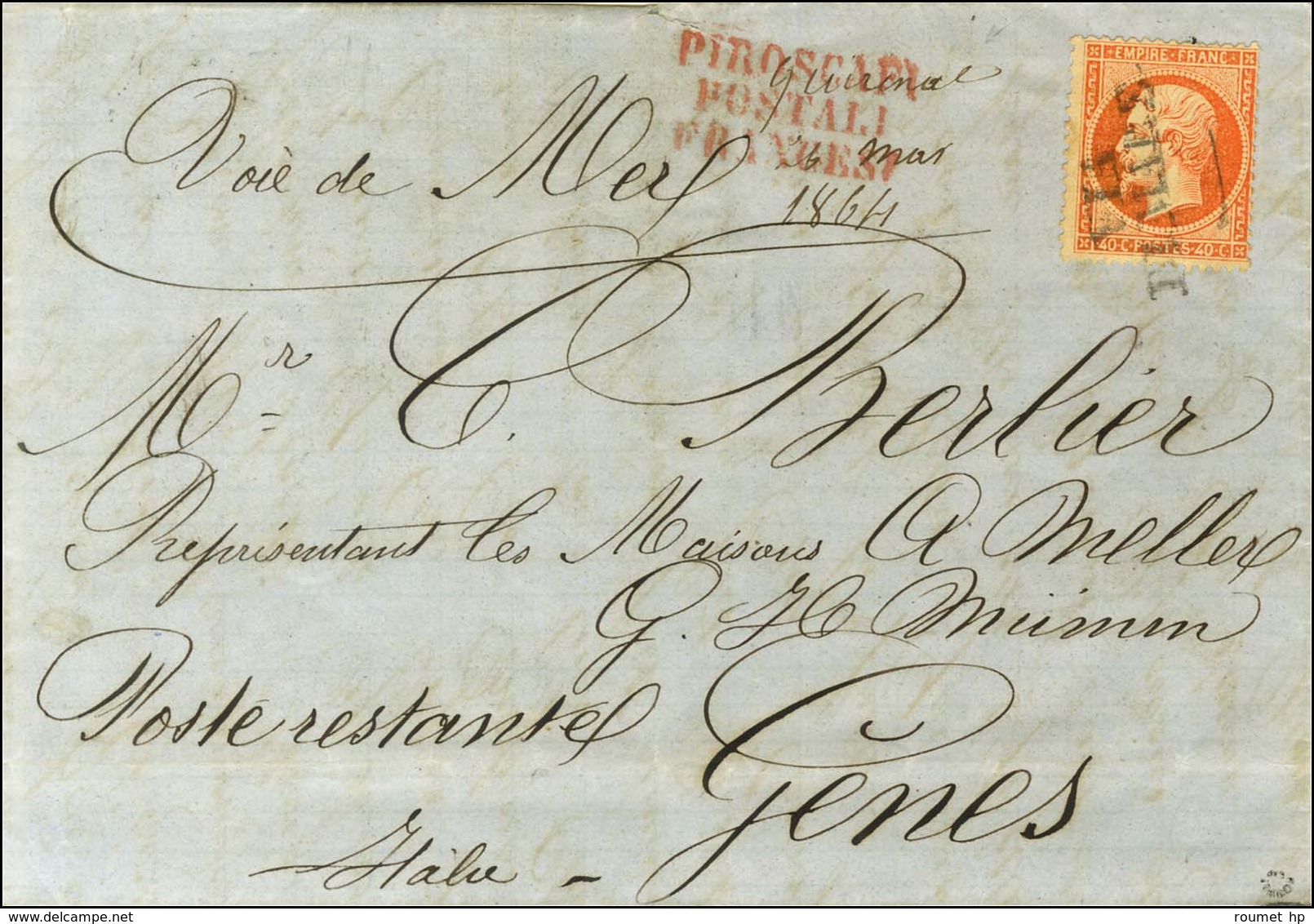 Griffe VIA / DI MARE / N° 23 à Côté Marque Manuscrite '' Quirinal '' 26 MAI 1864 Sur Lettre Avec Texte Daté De Marseille - Poste Maritime