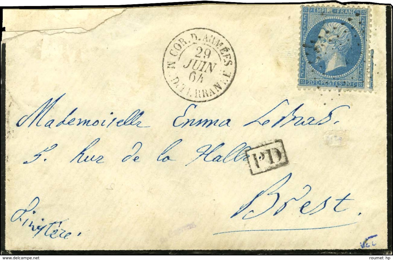 Ancre / N° 22 Càd COR. D. ARMEES / MEDITERRANNEE Sur Lettre Au Tarif De Militaire Pour Brest. 1864. - TB / SUP. - R. - Poste Maritime