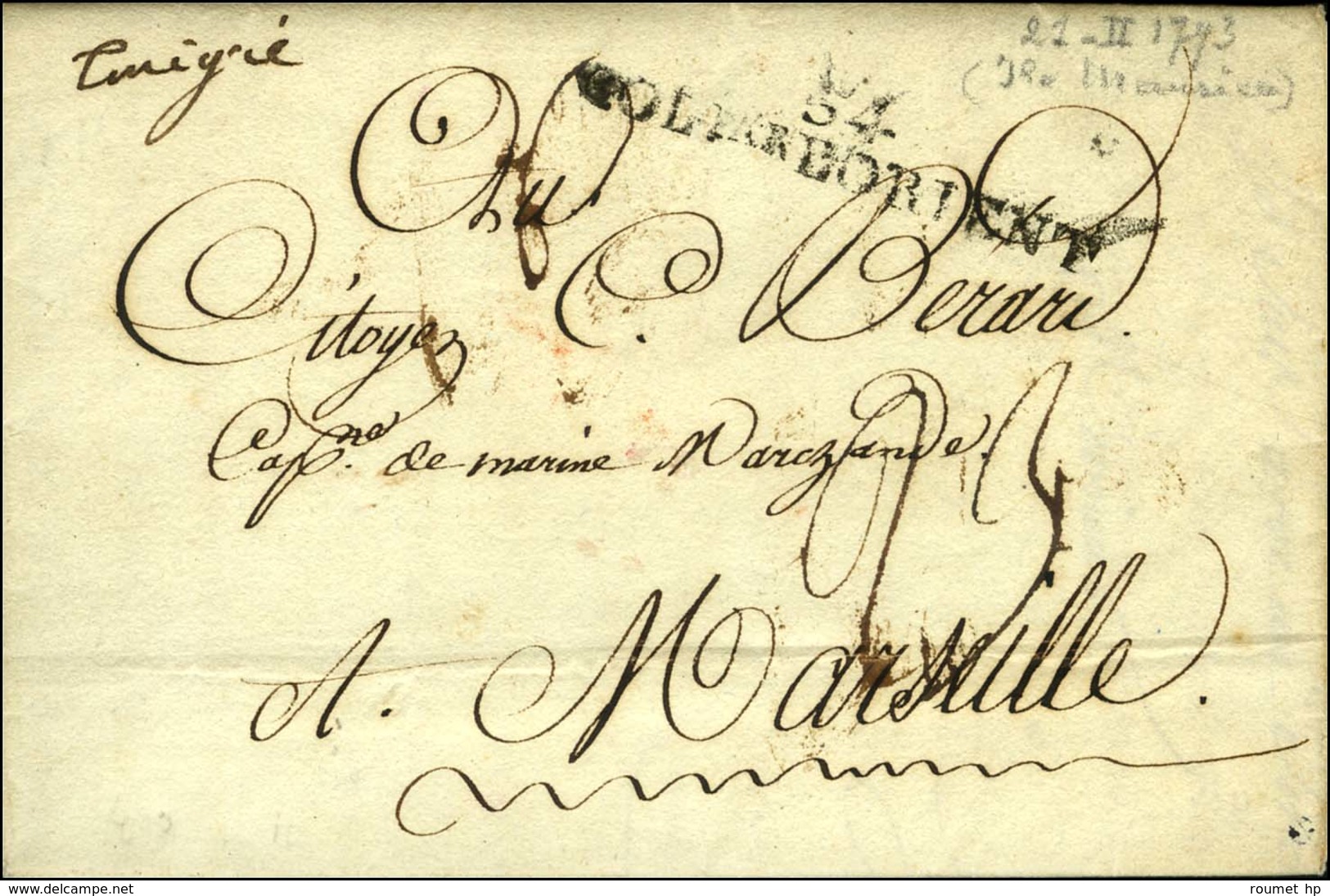 Lettre Avec Texte Daté '' Îsle De France Le 21 Février 1793 '' Pour Marseille, MP D'entrée 54 / COL Par LORIENT Et Menti - Posta Marittima