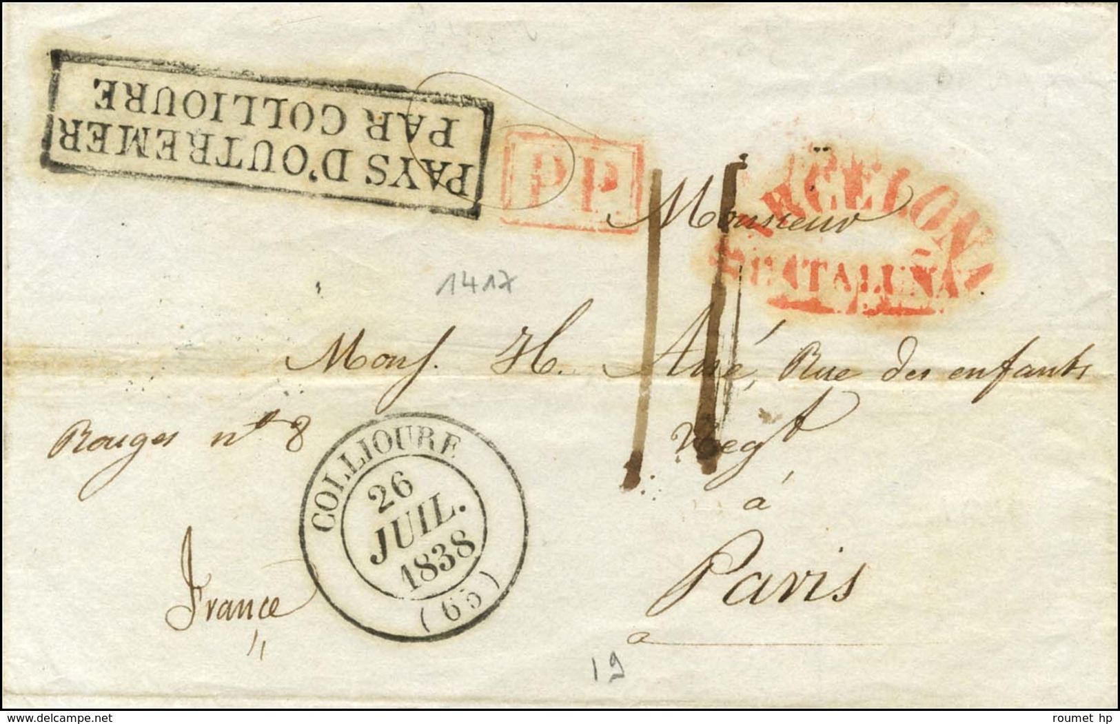 BARCELONA / CATALUNIA Rouge + P.P. Sur Lettre De Barcelone Pour Paris. Au Recto, Marque Postale D'entrée Encadreée PAYS  - Poste Maritime