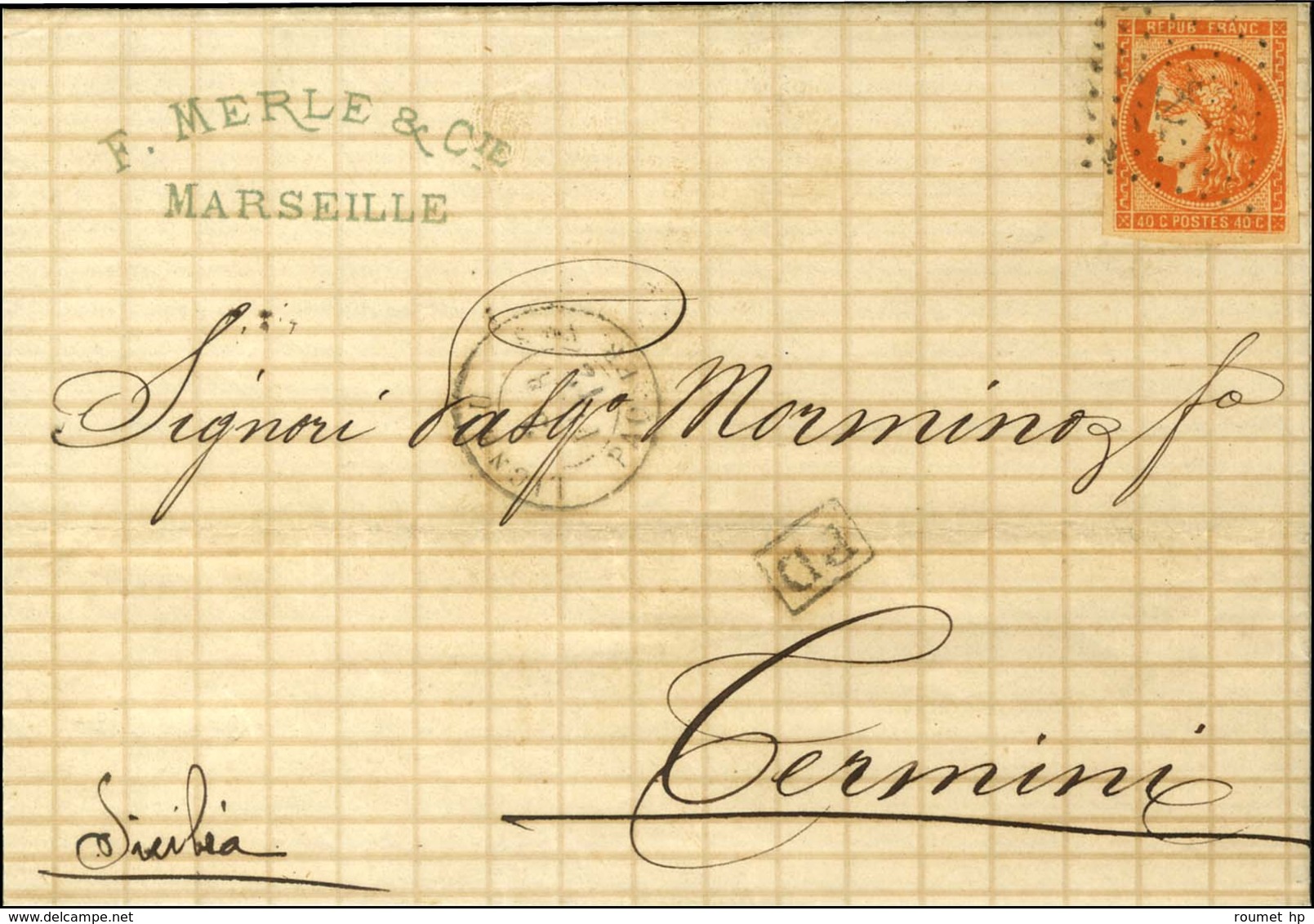 Ancre / N° 48 Càd LIGNE U / PAQ.FR. N° 5 Sur Lettre De Marseille Pour La Sicile, Au Verso Càd D'arrivée. 1872. - TB. - R - Poste Maritime