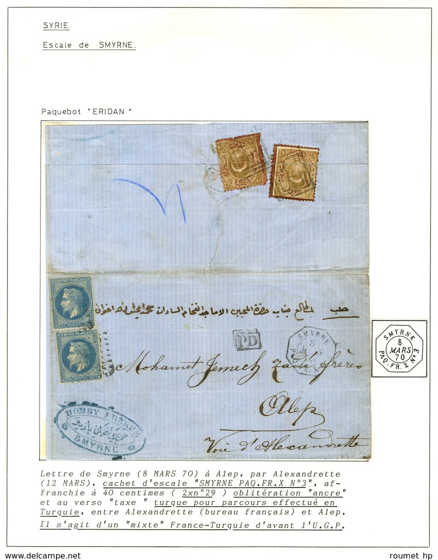 Ancre / N° 29 (2) Càd Octo SMYRNE / PAQ. FR. X N° 3 Sur Lettre De Smyrne Pour Alep, Au Verso Timbres-taxe Turcs Pour Le  - Maritime Post