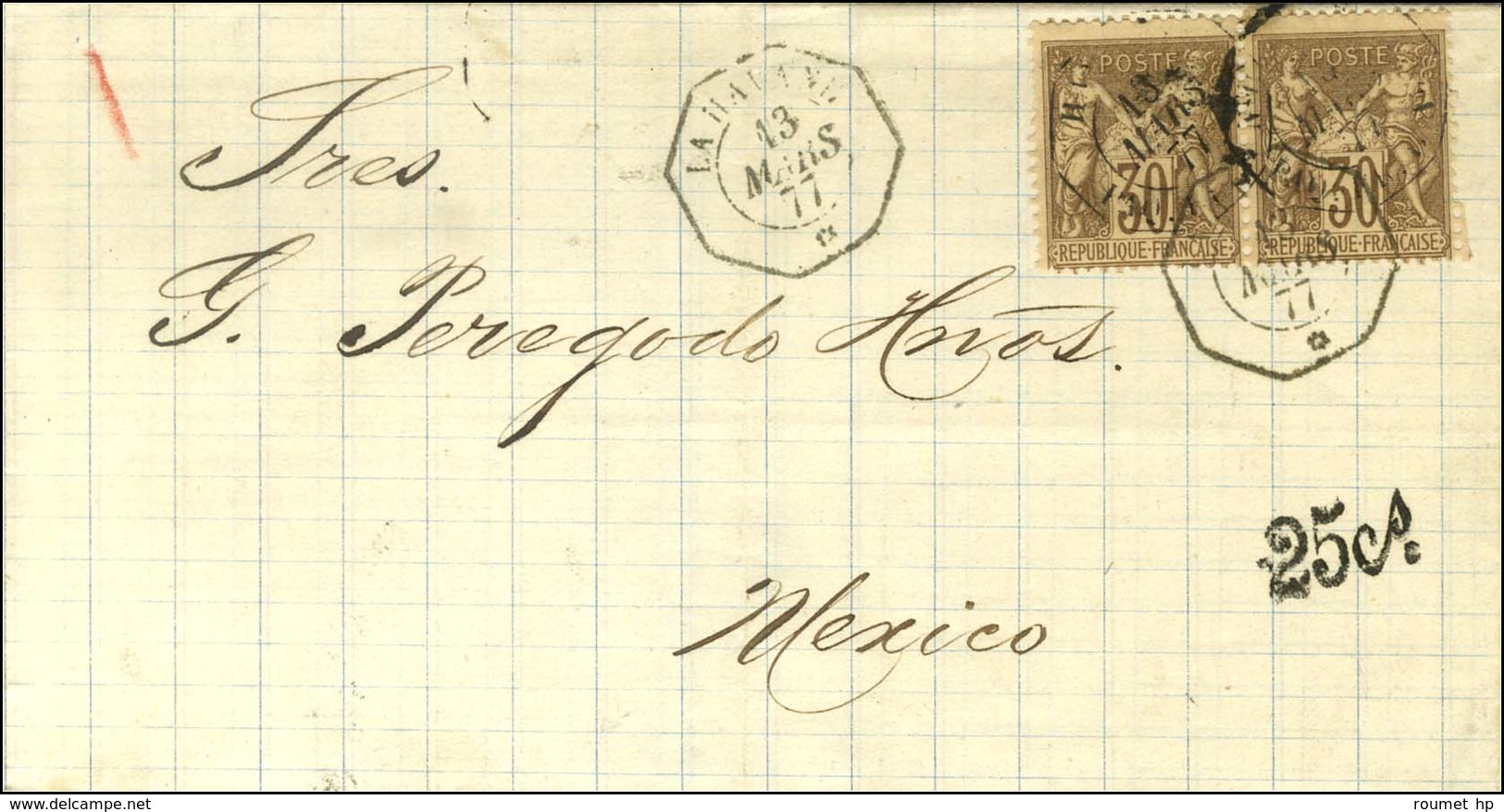 Càd Octo LA HAVANE / * 13 MARS 77 / N° 69 Paire Sur Lettre Pour Mexico Au Tarif Des Antilles, Au Recto Taxe 25 Cs. - TB  - Maritime Post