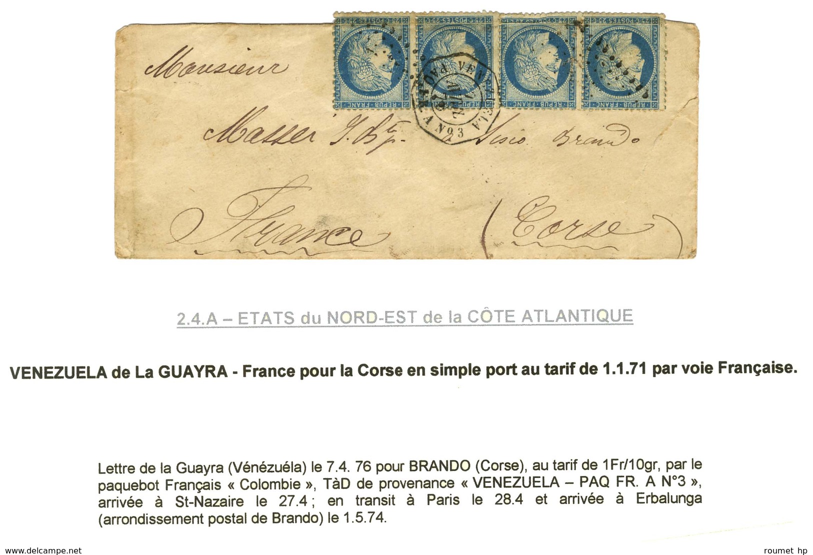 Ancre / N° 60 Bande De 4 (pli) Càd Octo VENEZUELA / PAQ. FR N° 3 Sur Lettre Pour La Corse. 1876. - TB. - R. - Poste Maritime