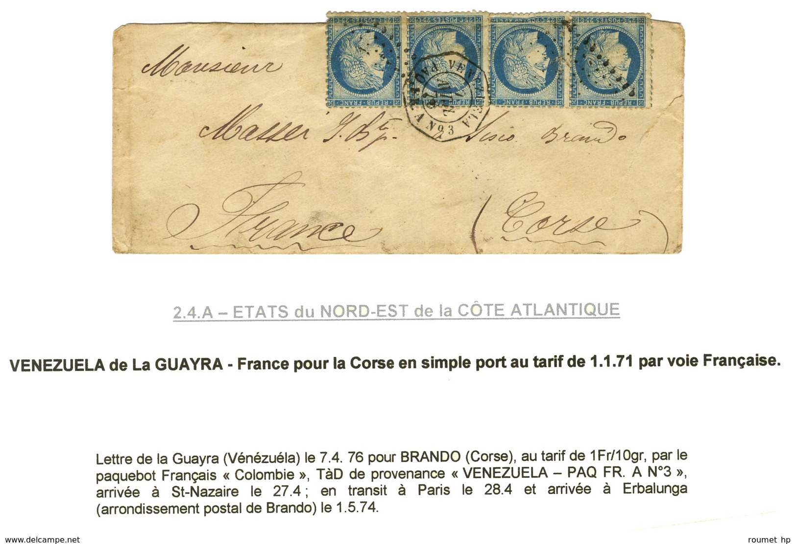 Ancre / N° 60 Bande De 4 (pli) Càd Octo VENEZUELA / PAQ. FR N° 3 Sur Lettre Pour La Corse. 1876. - TB. - R. - Posta Marittima
