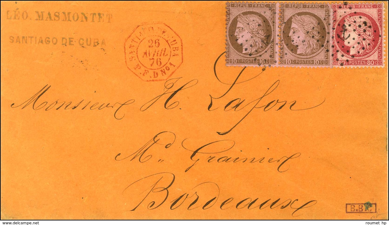 Ancre / N° 54 Paire 1 Ex Pd + 57 Càd Octo Rouge SANTIAGO DE CUBA / P.F.D N° 1 Sur Lettre Pour Bordeaux. 1876. - TB / SUP - Maritime Post