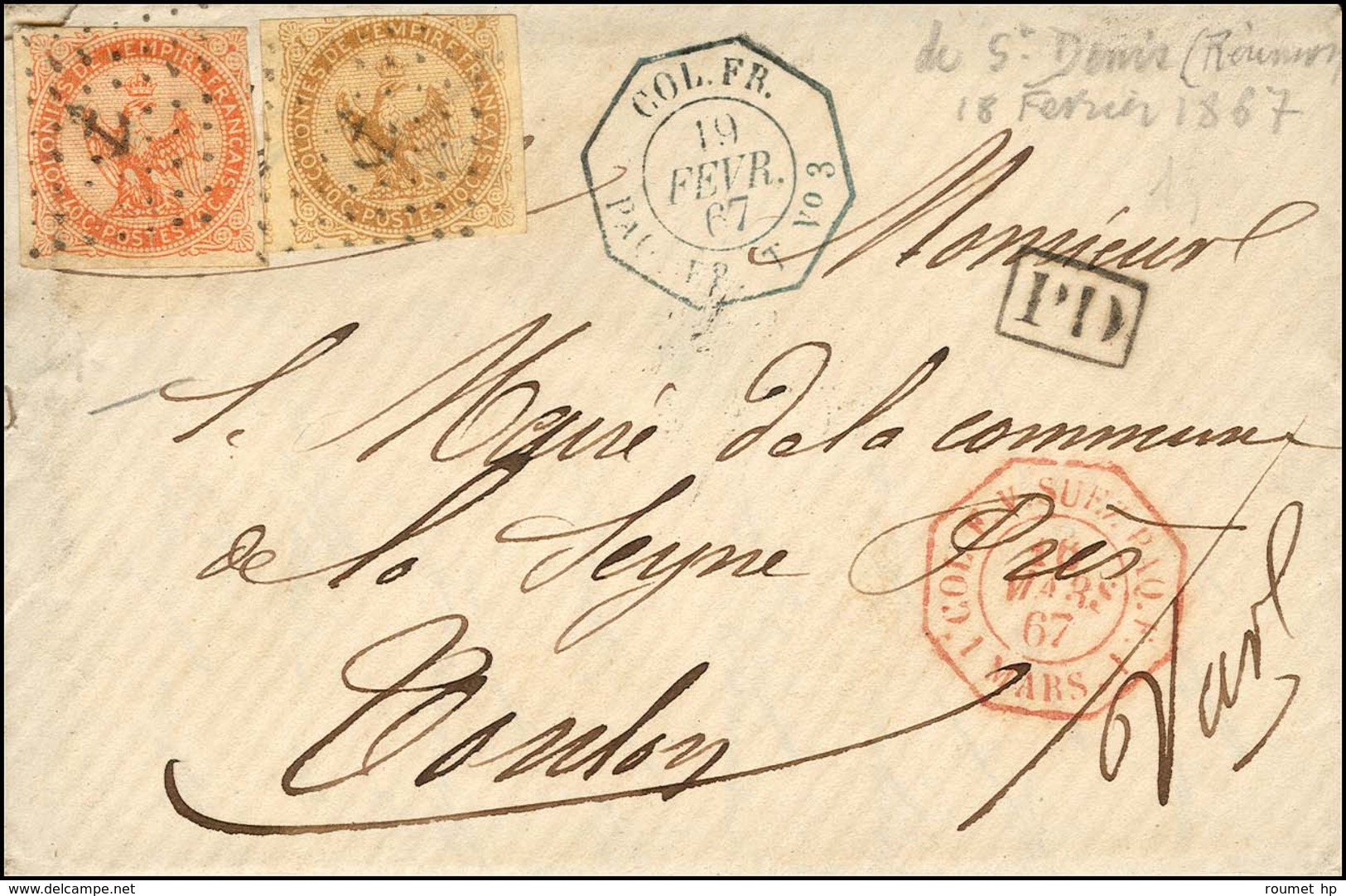 Losange Ancre / CG N° 3 + 5 Càd Octo Bleu COL. FR. / PAQ. FR. T N° 3 Sur Lettre Avec Texte Daté De St Denis De La Réunio - Poste Maritime