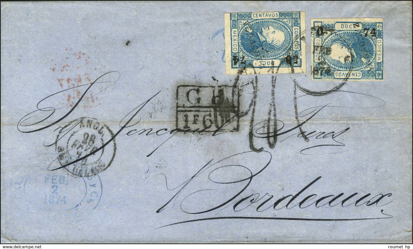 Càd / Mexique 12c Bleu (2) Sur Lettre Pour De Vera Cruz Pour Bordeaux. Au Recto, Marque D'échange GB / 1F60 Et Taxe 24 A - Poste Maritime