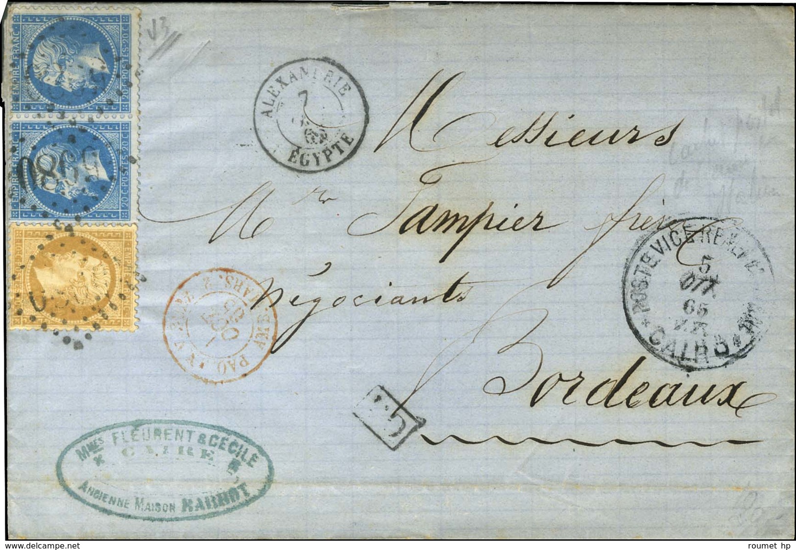 GC 5080 / N° 21 + 22 Paire Càd T 15 ALEXANDRIE / EGYPTE 7 OCT. 65 Sur Lettre Avec Texte Daté Du Caire Le 2 Octobre 1865. - Correo Marítimo