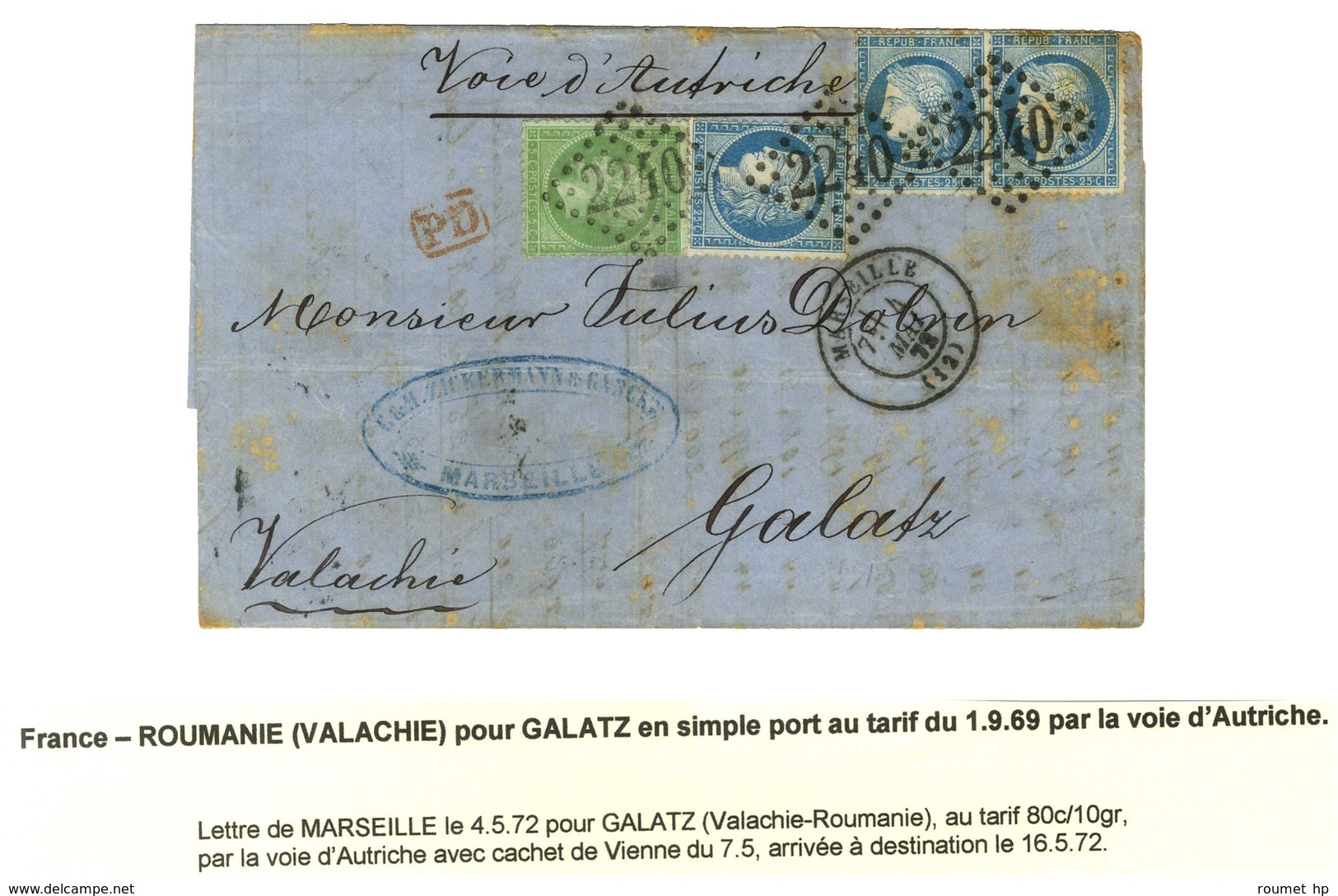 GC 2240 / N° 20 + 60 (3, Qlq Rousseurs) Càd MARSEILLE (12) Sur Lettre Pour Galatz (Valachie), Au Verso Càd De Passage WI - Correo Marítimo